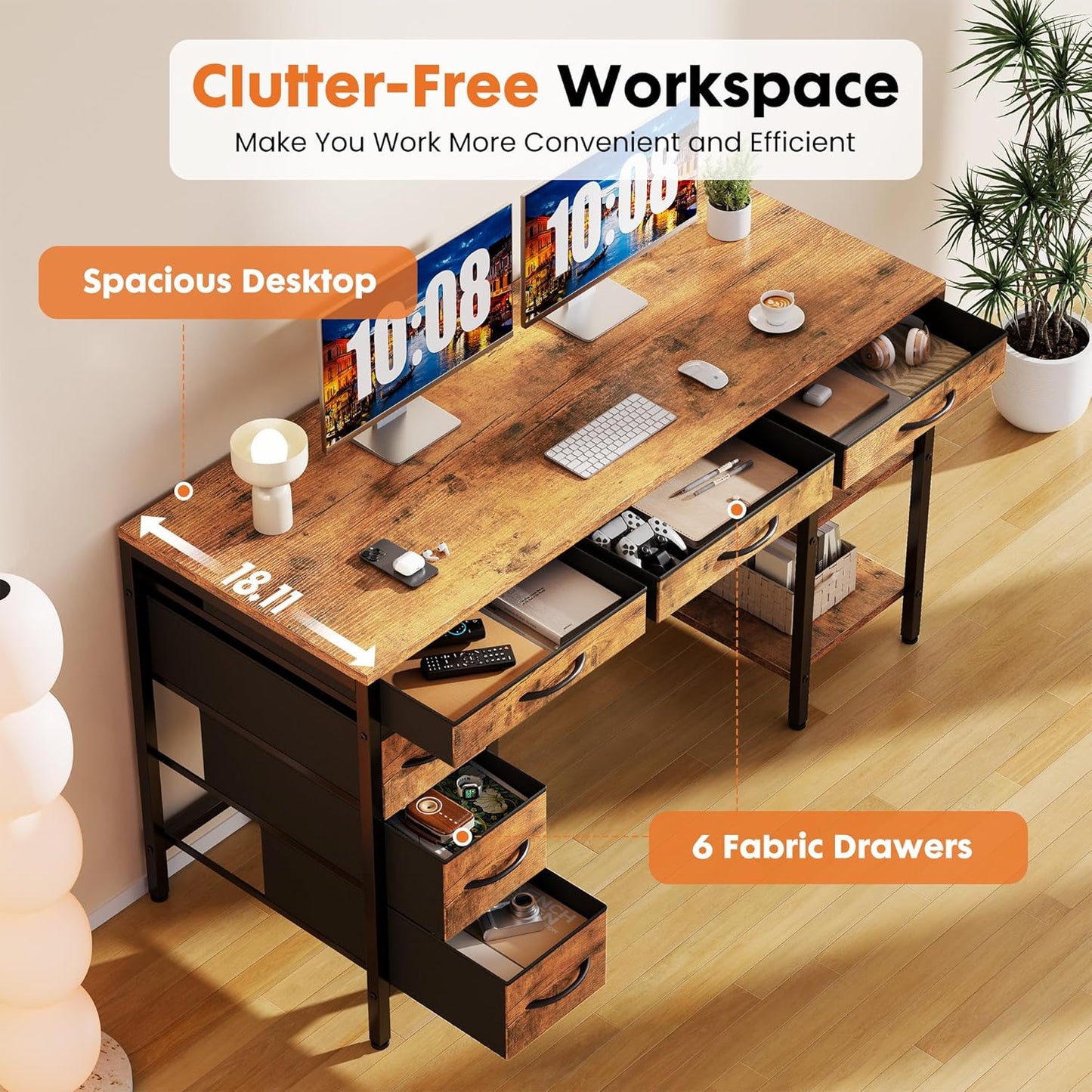 Sweetcrispy 47" Computer Desk - Rustic Brown Home Office Gaming Desk with 6 Drawers & Storage Shelves