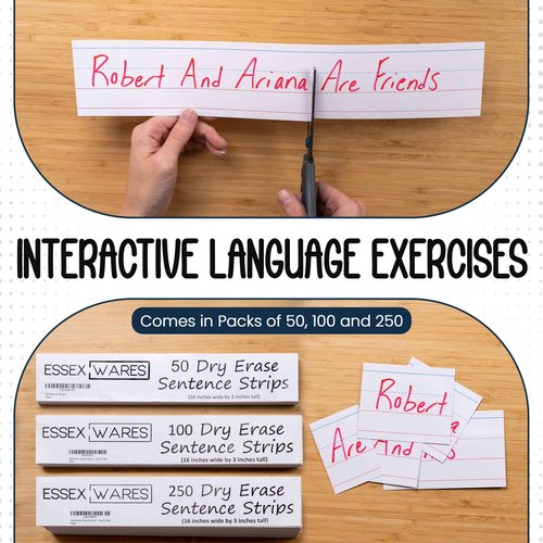 Essex Wares - 250 Pack, 16" Wide x 3" Tall Dry Erase Sentence Strips - Sentence Strips Cardstock - Reusable & Double Sided (Ruled & Blank) White Sentence Strips for The Classroom, Home, Office