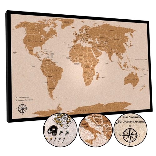 AdventureScape Push Pin Travel Map - Large 30" x 20" World Map Pin Board with Premium Push Pins Made from Framed Cork Board - Unique Custom Gift Idea for Travelers, Partner, Young Adults, and Parents