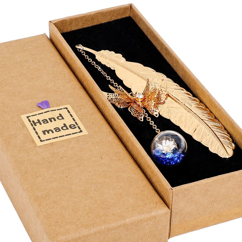 Teacher Retirement Gifts - Metal Feather Bookmark with 3D Butterfly & Real Dried Flower Pendant - Bookmark for Women & Book Lovers Under 10 Dollars - Gift Box Included
