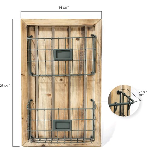Designstyles Two Tier Magazine Holder – Wall Mounted Rack with Durable Wooden Frame and Pewter Colored Metal Baskets – Organizes Files, Books, Letters, and Folders