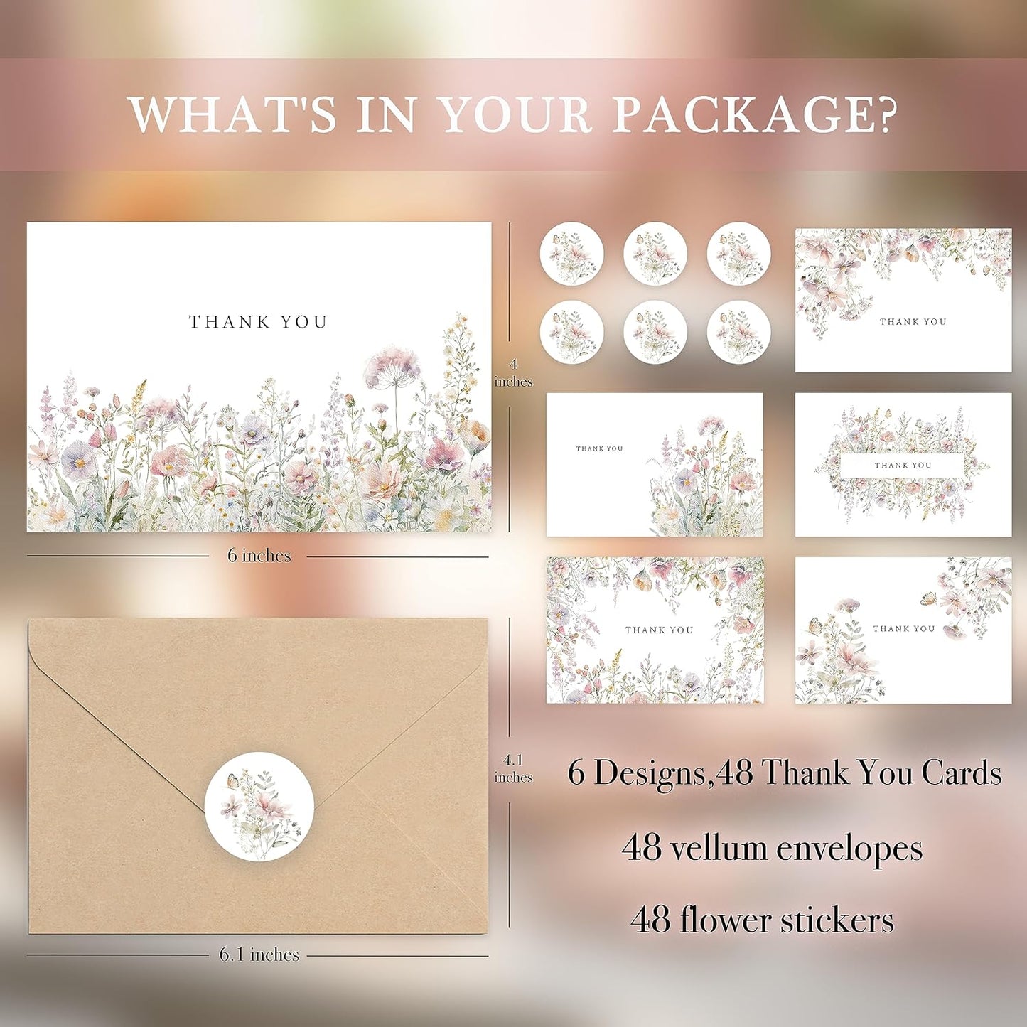 SLAPAFLIFE Floral Thank You Cards - 48-Pack 4x6 Inches with Envelopes & Stickers for Baby Showers, Weddings, Birthdays