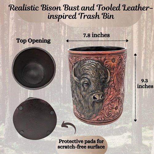 BestGiftEver Faux Tooled Leather Trash Bin with Bison Bust Accent - Southwest Decorative Resin Wastebasket - Ideal for Ranch Farmhouse Enthusiasts