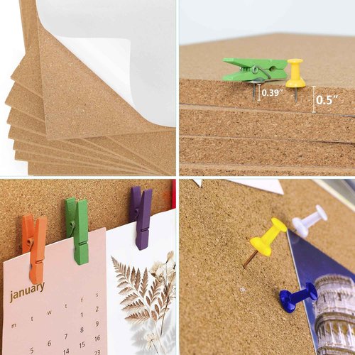 AKTOP Cork Board Bulletin Board 12x12, 1/2" Thick Cork Board Tiles 9 Pack, Small Square Pin Board for Wall, Self Adhesive Corkboards with 120 Push Pin Wood Clips for School, Home & Office