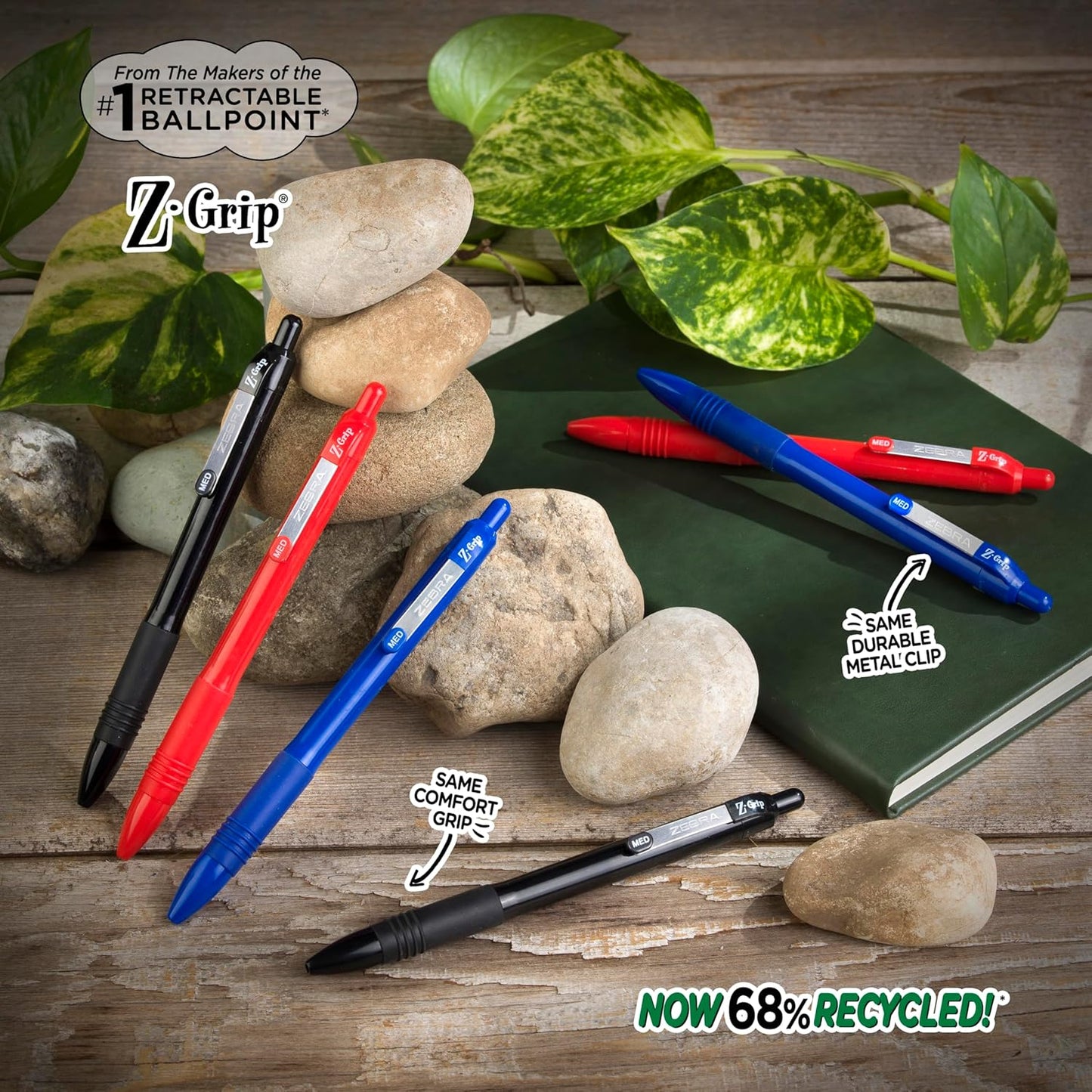 Zebra Pen Z-Grip Recycled Ballpoint Pens - 1.0mm Red Ink, Durable Metal Clip, 12-Pack