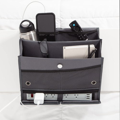U Brands Bedside Caddy, 7 Pockets with Power Strip Compartment, Organization Supplies, Gray, 1 Count
