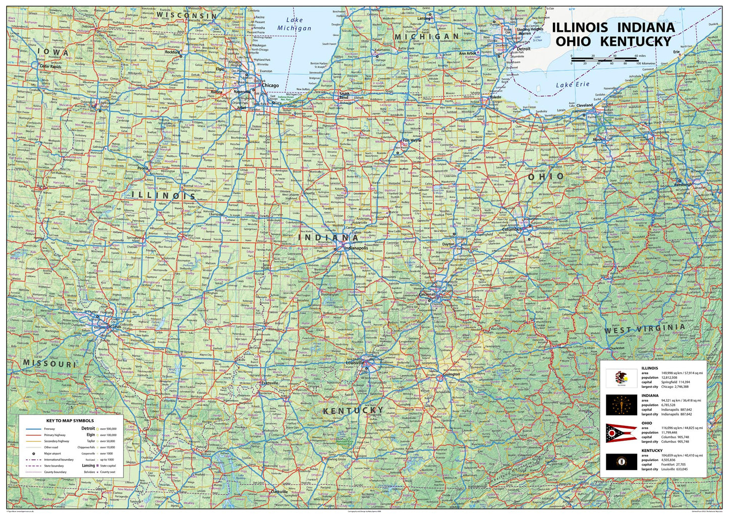 Illinois, Indiana, Ohio and Kentucky Physical Map - 23.3 x 16.5 Inches - Paper Laminated