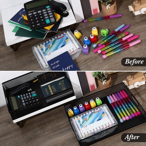 Tandefio 3 Pcs Desk Drawer Organizer Bulk Metal Mesh Trays A4 Large Desktop Storage Box Portable Wire File Basket with Handle for Office Supplies Craft Magazine Paper 12.87" x 9" x 2.4"(Black)