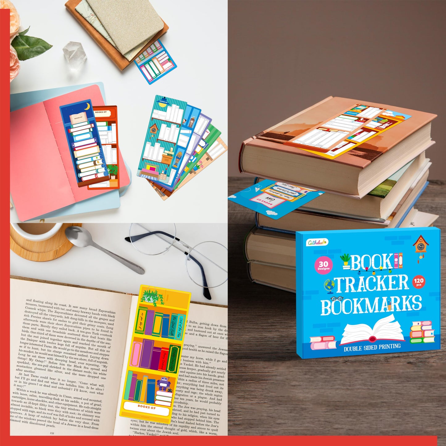 120 PCS Book Tracker Bookmarks, 30 Bookshelf Designs Double Sided Reading Page Markers Reading List Bookmarks for Kids, Adults, Students, Book Lovers All Ages (2.4” x 6.1”)