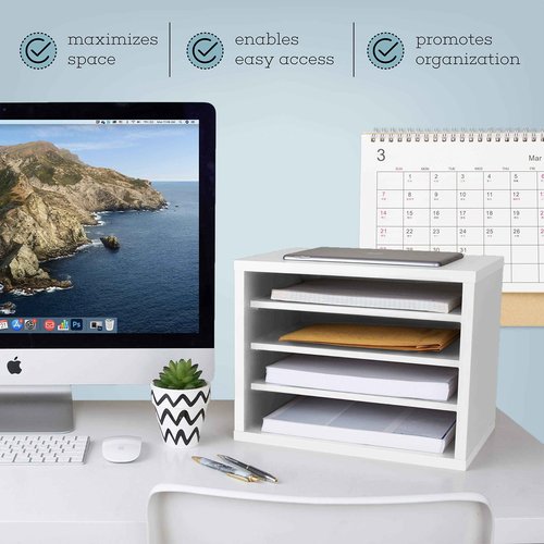 AdirOffice Shelf Desk Organizer, Wood 4-Tiered Stackable Shelves File Mail Organizer Paper Storage, Letter, Document Folder Holder for Office, Home, Classroom and More (White)