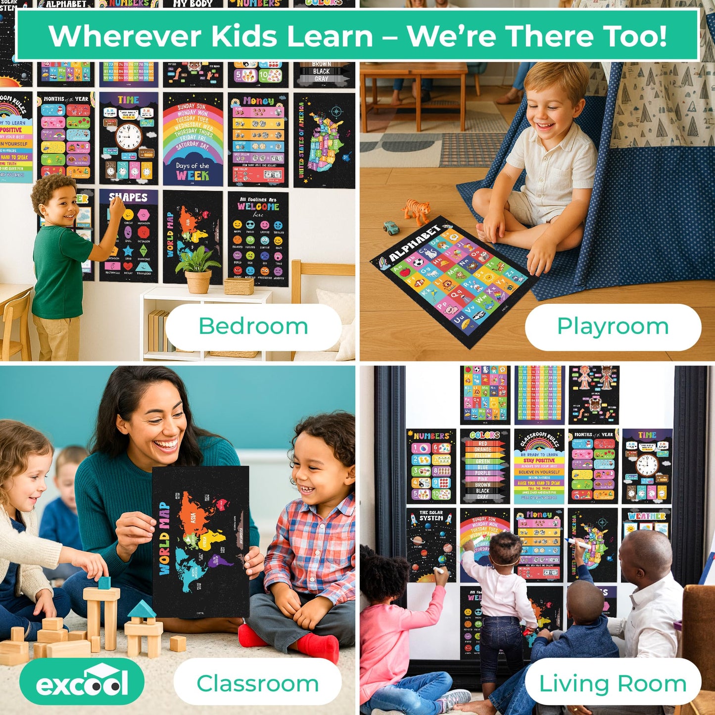 Excool Club 16 Chalkboard Educational Posters For Toddlers 1-3, Toddler Learning Posters For Kids Ages 3-5, Kindergarten Classroom Must Haves, Laminated Abc Number Chart Prek Classroom Decor Preschool