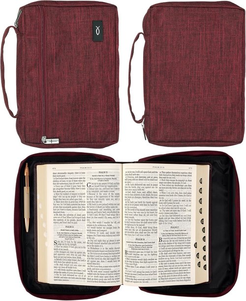Christian Art Gifts Polyester Bible Cover - Jesus Fish Patch, Secure Zipper Pocket, Burgundy, Small