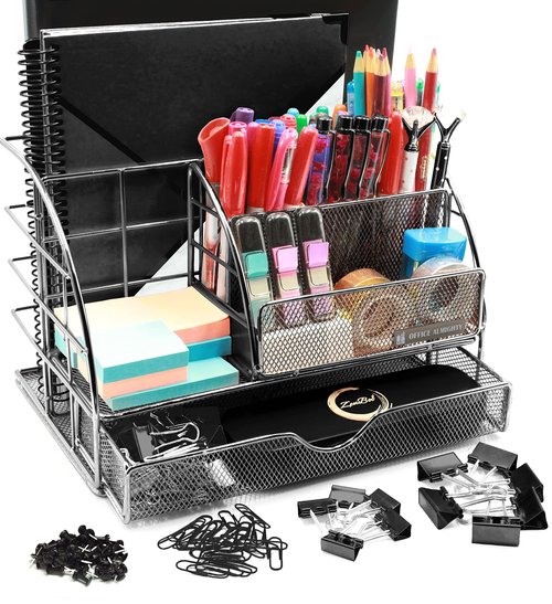 OFFICE ALMIGHTY Black Desk Organizer for Men: Exclusive Large 7 in 1 Mesh Shiny Metal Supplies Organizer with Pen Holders, Folder Holder & Accessories Drawer + BONUS 171 Clips Set w/a Plastic Box