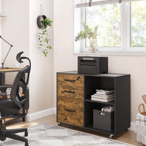 Yaheetech Lateral File Cabinet with Lock for Letter, A4 Size, 3 Drawer Printer Stand with Open Storage Compartments, Mobile Filing Cabinet for Home Office, Black/Rustic Brown
