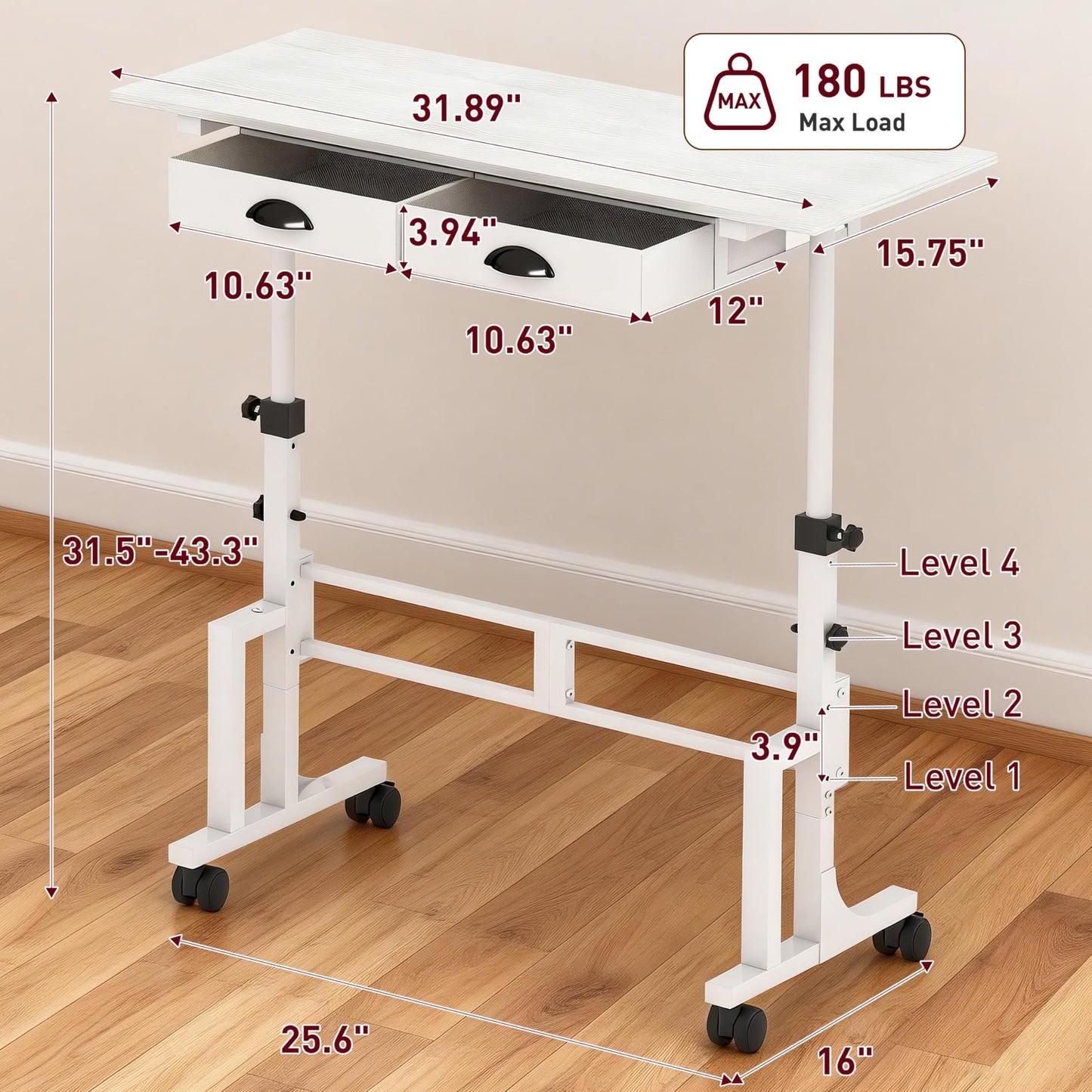 Adjustable Height Standing Desk with 2 Storage Drawers, Mobile Rolling Sit Stand Desk with Lockable Wheels, Stable Height Adjustable 31.5"-43.3" Computer Workstation for Treadmill, Home Office Study