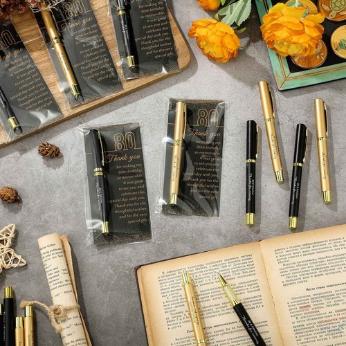 Feifeiya 50 Set 80th Birthday Party Favor for Guest Anniversary Party Favor with Black and Gold Ballpoint Pens and Thank You Cards for Women Men Birthday Anniversary Appreciation Gifts