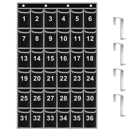 ZKOO Numbered Classroom Sundries Closet Pocket Chart, Cell Phones Calculator Holder, Wall Door Hanging Organizer With 4 Door Hooks (36 Pockets Black Grey)