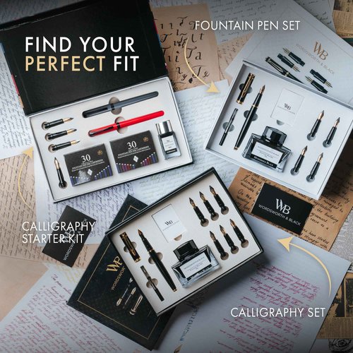 Wordsworth and Black Calligraphy Pen Set - Grey - Includes 2 Calligraphy Pens, 18 ML Ink Bottle, 60 Ink Cartridges, Ink Refill Converter, 1 Medium and 4 Broad Nibs, Brush Pen