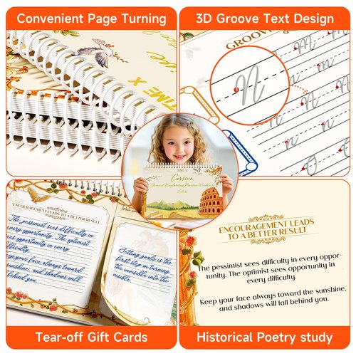 TIME X Grooved Cursive Handwriting Workbook Kit - Cursive Handwriting Workbook for Kids 8-12 and Adults - 3Pcs Magic Reusable Handwriting Workbook with Detachable Quote Postcards - 12.6"x10.6"