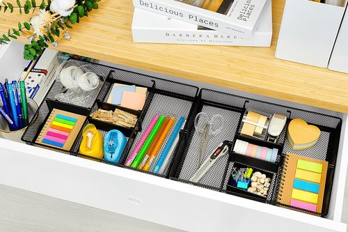 CAXXA Mesh 3 Slot Desk Drawer Organizer with Four Adjustable Dividers - Black
