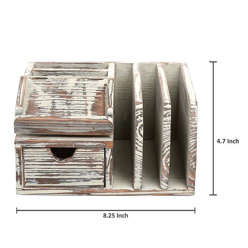 MyGift Rustic Torched Wood Desktop Organizer with Drawer, Mail Sorter, Sticky Note Pad Holder, Wooden Desk Storage Caddy for Office/Home
