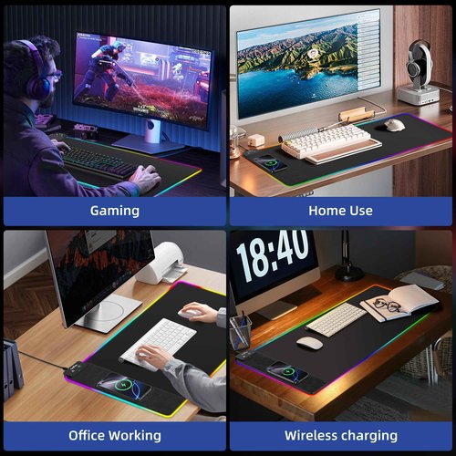 Mouse Pad with Wireless Charging, RGB Gaming Mousepad, Large Desk Mat with Ultra-Smooth Surface, Non-Slip Mouse Mat, Waterproof Computer Keyboard Pad with 18W QC Power Adapter, 800x400x4MM, Black