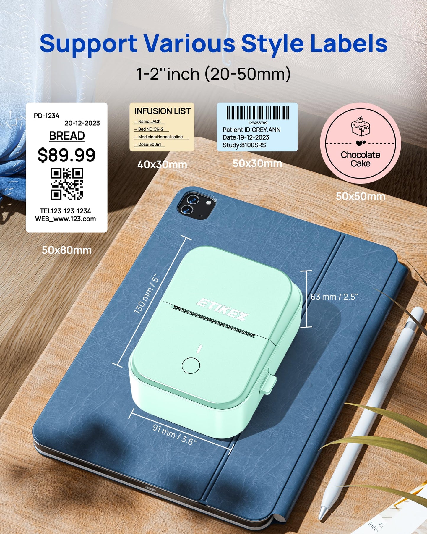 ETIKEZ PM260 Label Maker Machine with Tape, 2 Inch Label Maker Bluetooth Label Printer, Inkless Portable Labeler for Home, Kitchen, School, Office Organization, Green