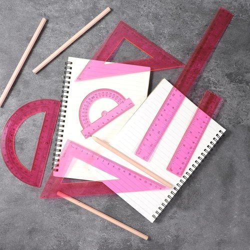 Skiennix 6-Piece Plastic Ruler Set - Includes 12" & 6" Rulers, Protractors, & Triangle Rulers | Pink Geometry Tools for School & Office