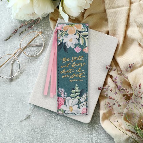 Christian Art Gifts Premium Vegan Leather Bookmark - Inspirational "Be Still & Know" Verse, Teal Floral Design