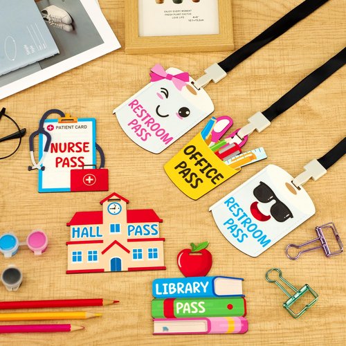 6 Sets Hall Pass Lanyards Wooden School Passes Set Unbreakable Classroom Passes Colorful Cartoon Style Hall Pass for Classroom School Restroom Library Office Nurse Teachers Gift Supplies