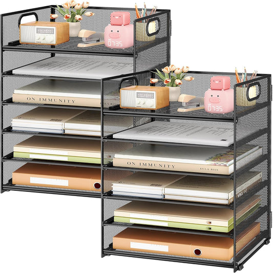 Subekyu Paper Tray Organizer - 2-Pack 6-Tier Black Mesh File Sorter with Handles for Office & Home Storage
