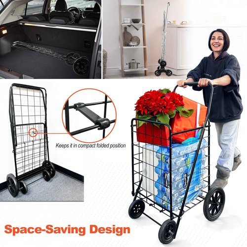 Wellmax 2-Pack Shopping Utility Cart with Stair Climber, Collapsible Folding Cart for Grocery, X-Large and Large (Black and Silver)