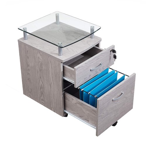 2-Drawer Rolling File Cabinet with Lock and Glass Top, Under Desk File Cabinet with Wheels, Printer Stand, Grey