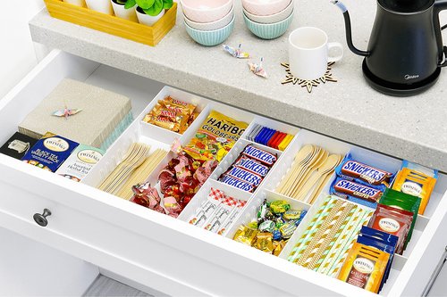 CAXXA 3 Slot Drawer Organizer with 4 Adjustable Dividers - 7 Compartments Junk Drawer Storage for Makeup & Vanity, Office Desk Supplies and Accessories,WHITE (2 pack)