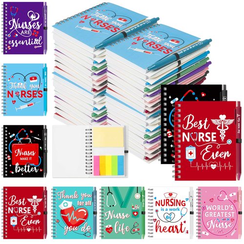 ANGOLIO 80Pcs Nurse Appreciation Gift Bulk Nursing Thank You Gifts Inspirational Spiral Notebooks with Sticky Note Notepad & Ballpoint Pen for Medical Nursing Graduation Week