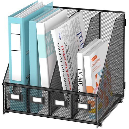 SUPEASY Magazine File Holder, Binder Holder Metal Desk Organizer with 4 Rack Compartments, File Organizer for Office Home School, Black Plus
