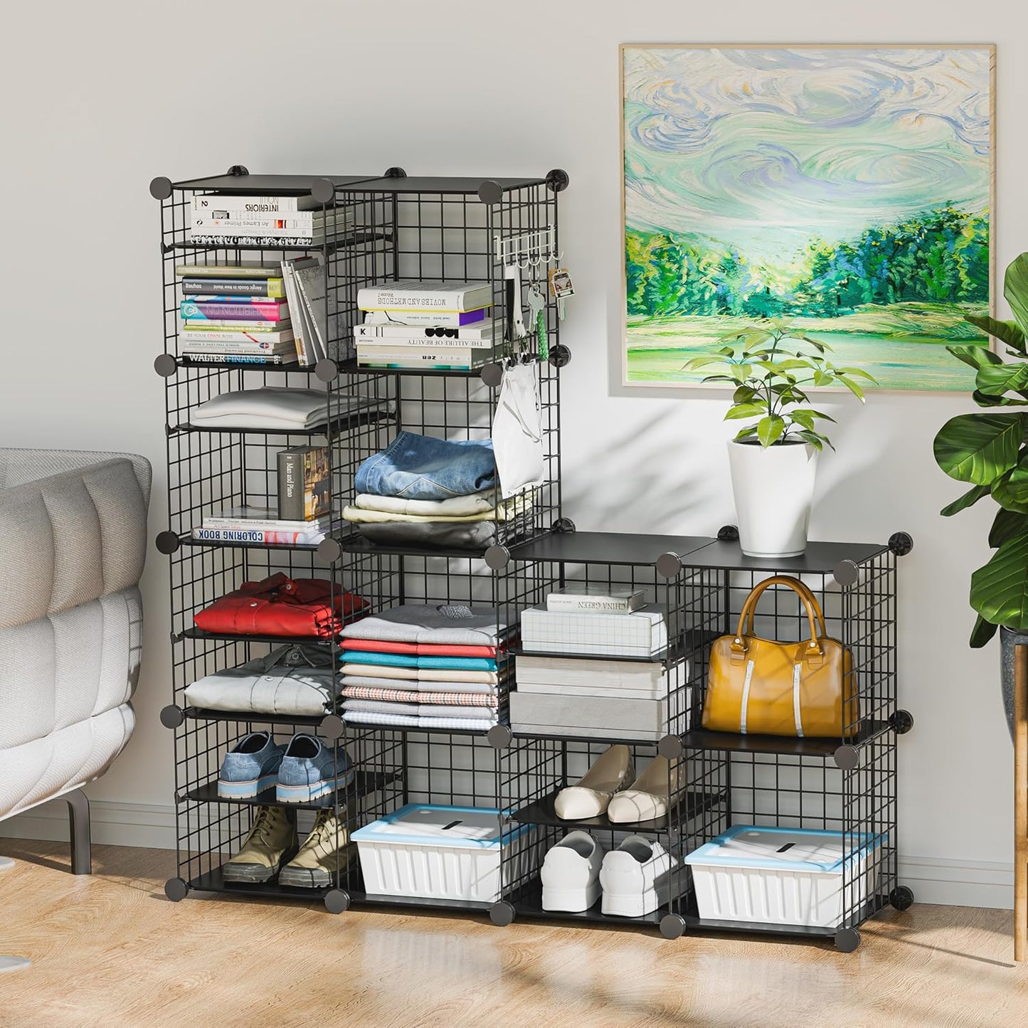 Wire Cube Storage Organizer - Sturdy Metal Grids | 12 to 14 Cubes for Bedroom, Living Room, Office