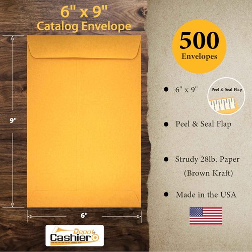 500 Cashier Depot - 6" x 9" Catalog Envelopes, Open End, Sturdy 28lb Kraft, Peel & Seal, Professional Mailing & Document Storage, 500 Count