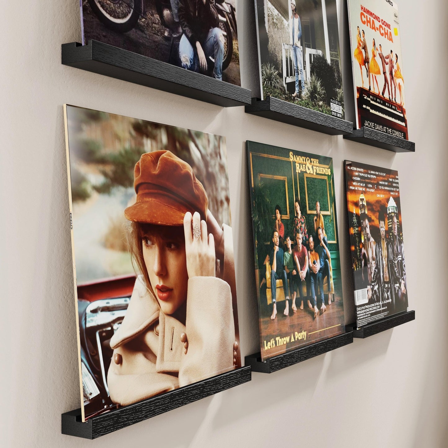 Emfogo Vinyl Record Shelf Wall Mount, 6 Pack Album Record Holder Wall, 12 inch Vinyl Record Storage Shelves Wall, Wood Record Display for Living Room(Black)
