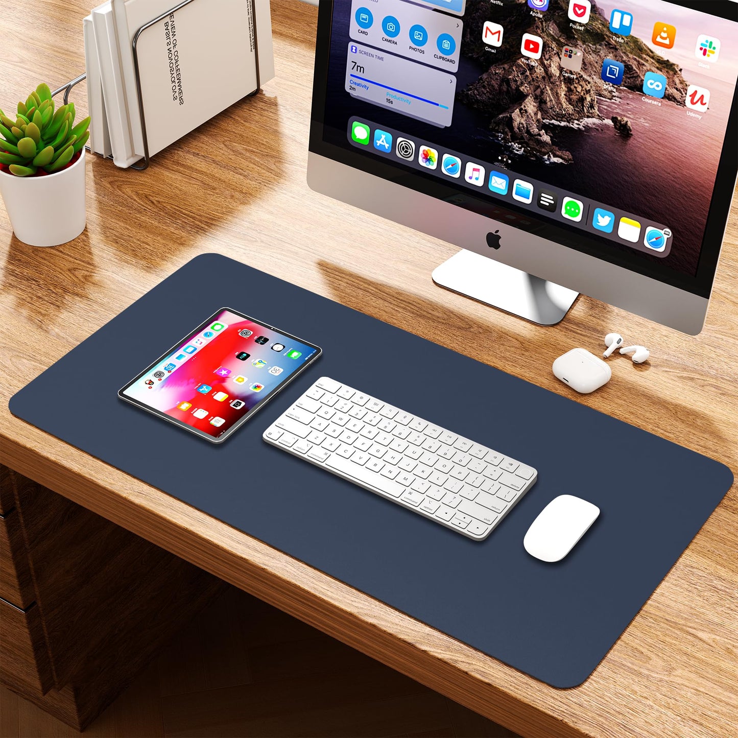 WAYBER Leather Desk Pad Protector, Waterproof Mouse Pad, PU Desk Mat, Office Desk Cover, Desk Writing Mat for Office/Home/Work/Cubicle (Blue/Yellow) 31.5x15.8 in