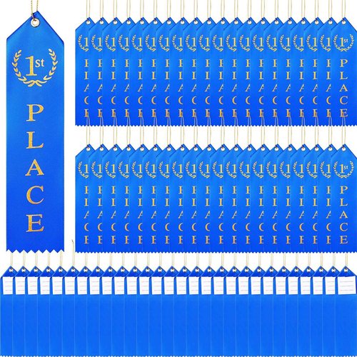 Zubebe 200 Pcs 1st Place Award Ribbons First Place Ribbon Award Blue First Place Prizes with Event Card and String for Competition Contest Sports Event Adults Winner Supplies