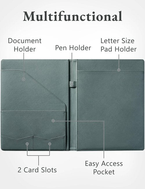 Mymazn Padfolio Portfolio Folder, Faux Leather Interview Resume Folder with Document Organizer & Business Card Holder, Letter-Sized Notepad Legal Pad Holder for Men Women (Grey Green)