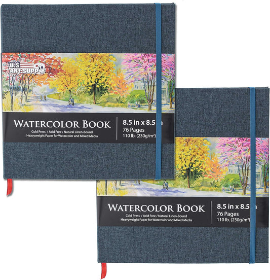 U.S. Art Supply Watercolor Book - 8.5" x 8.5" Linen-Bound Hardcover, 76 Sheets Each, Acid-Free Paper