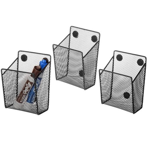 MyGift Set of 3 Magnetic Dry Erase Marker Holder, Silver Wire Storage Basket Office Supplies Organizer, White Board Pen Holders (Black)