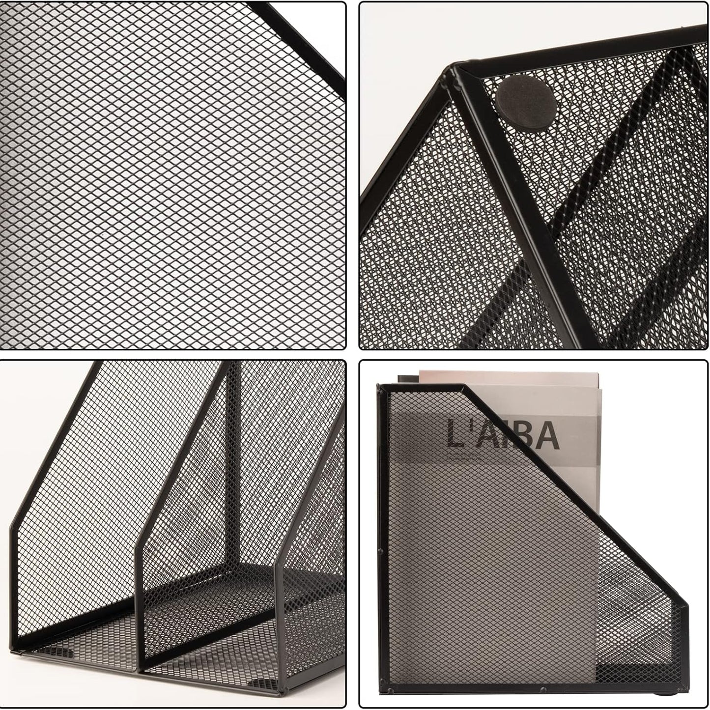 Skiennix Magazine Holder - Metal Wire Design with 2 Compartments | Stylish Black Desk Organizer