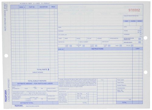Rediform Auto Repair Polypack, Carbonless Triplicate Forms, 8.5" x 11.625", 50 Numbered Sheets (4P487)