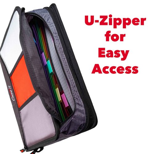 Case-it The Mighty Zip Tab Zipper Binder - 3 Inch O-Rings - 5 Color Tab Expanding File Folder - Multiple Pockets - 600 Sheet Capacity - Comes with Shoulder Strap - Black D-156-B