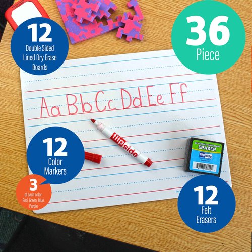 Flipside Products 9" x 12" Two Sided Dry Erase Red & Blue Lined, Color Markers and Erasers, Ruled, Learn to Write, Writing Practice, Pack of 12