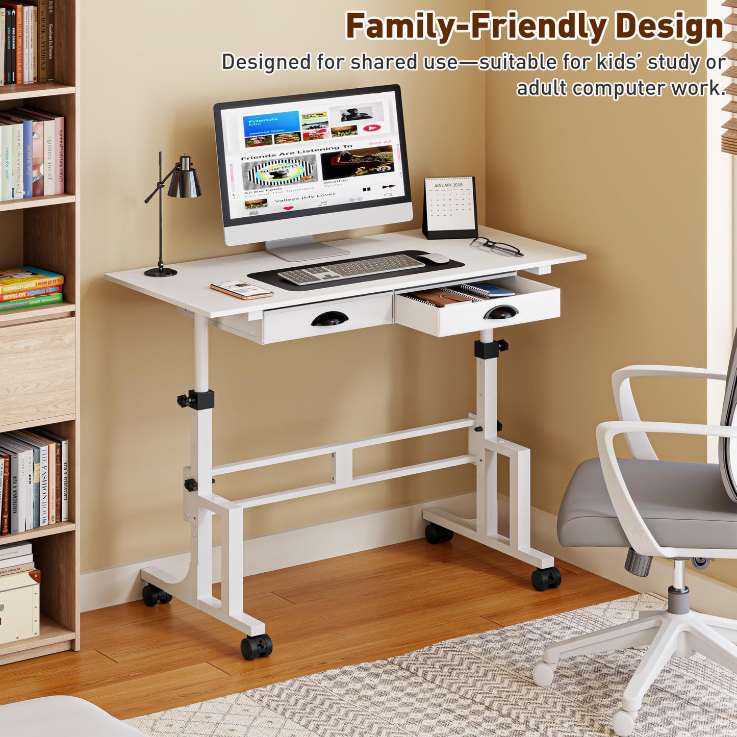 Adjustable Height Standing Desk with 2 Storage Drawers, Mobile Rolling Sit Stand Desk with Lockable Wheels, Stable Height Adjustable 31.5"-43.3" Computer Workstation for Treadmill, Home Office Study