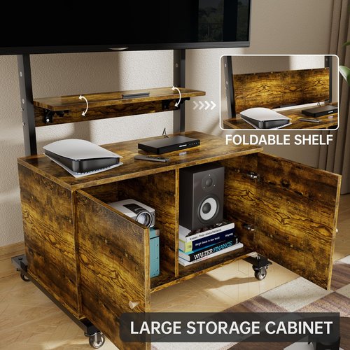 EZISE Mobile TV Stand with Foldable Table, Wood TV Stand on Silent Wheels for TVs up to 75 Inch, Entertainment Center with Storage Cabinet for Living Room, Bedroom, Kitchen, Office